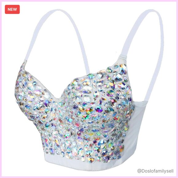 Sexy Rhinestone Glitter Push Up Bustier Crop Top Corset Bra Club Party Wear